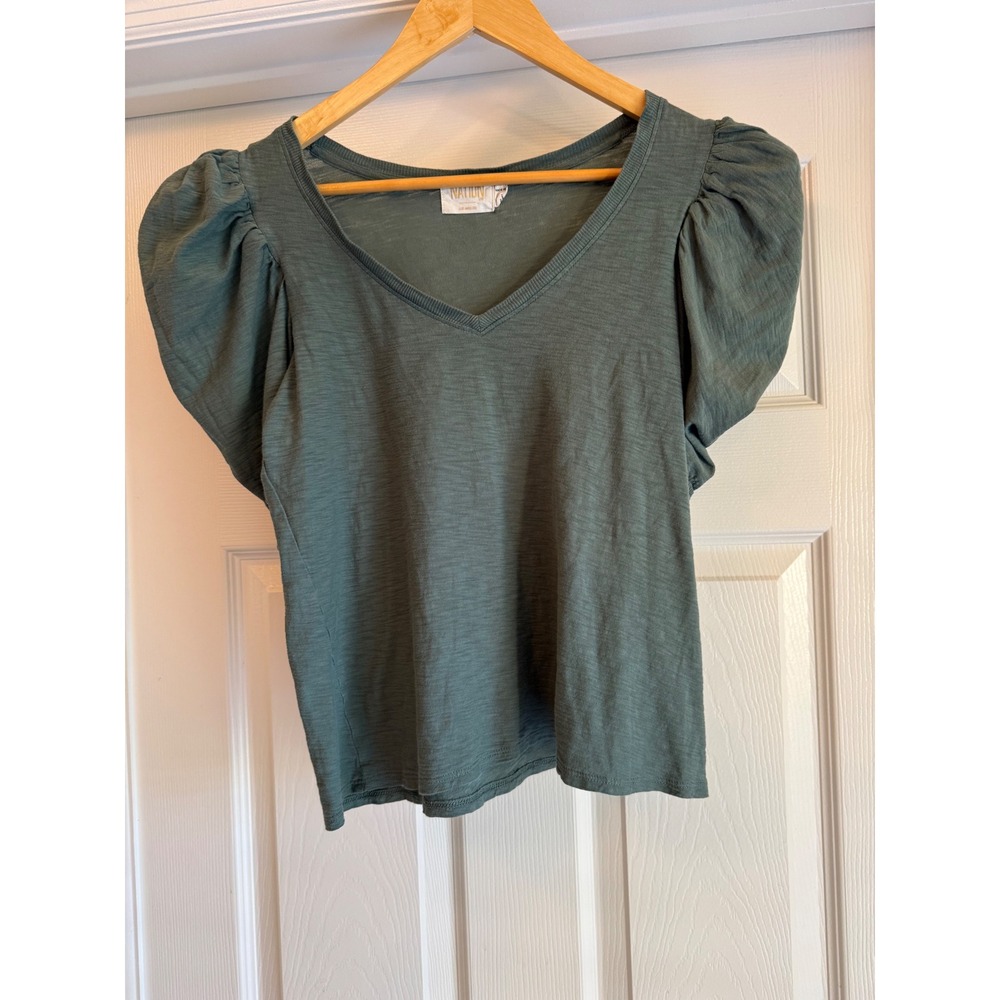 Nation LTD Top Women Small Sage Green Puff Sleeve V-Neck Slub Cotton Tee